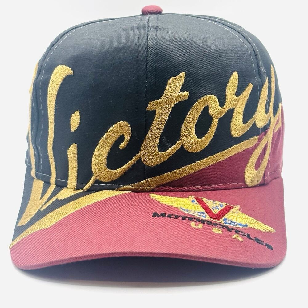 Vintage Victory Motorcycles Polaris Black Snapback Hat Embroidered AOP Script